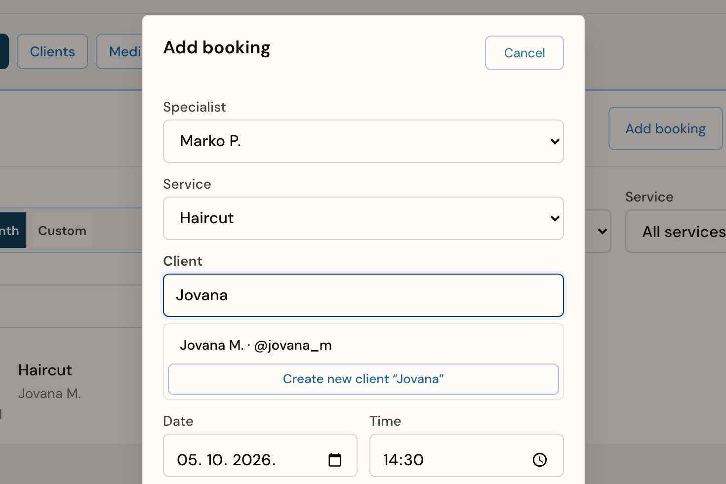 Add booking form in the CutDesk workspace: Specialist, service, client search, date and time