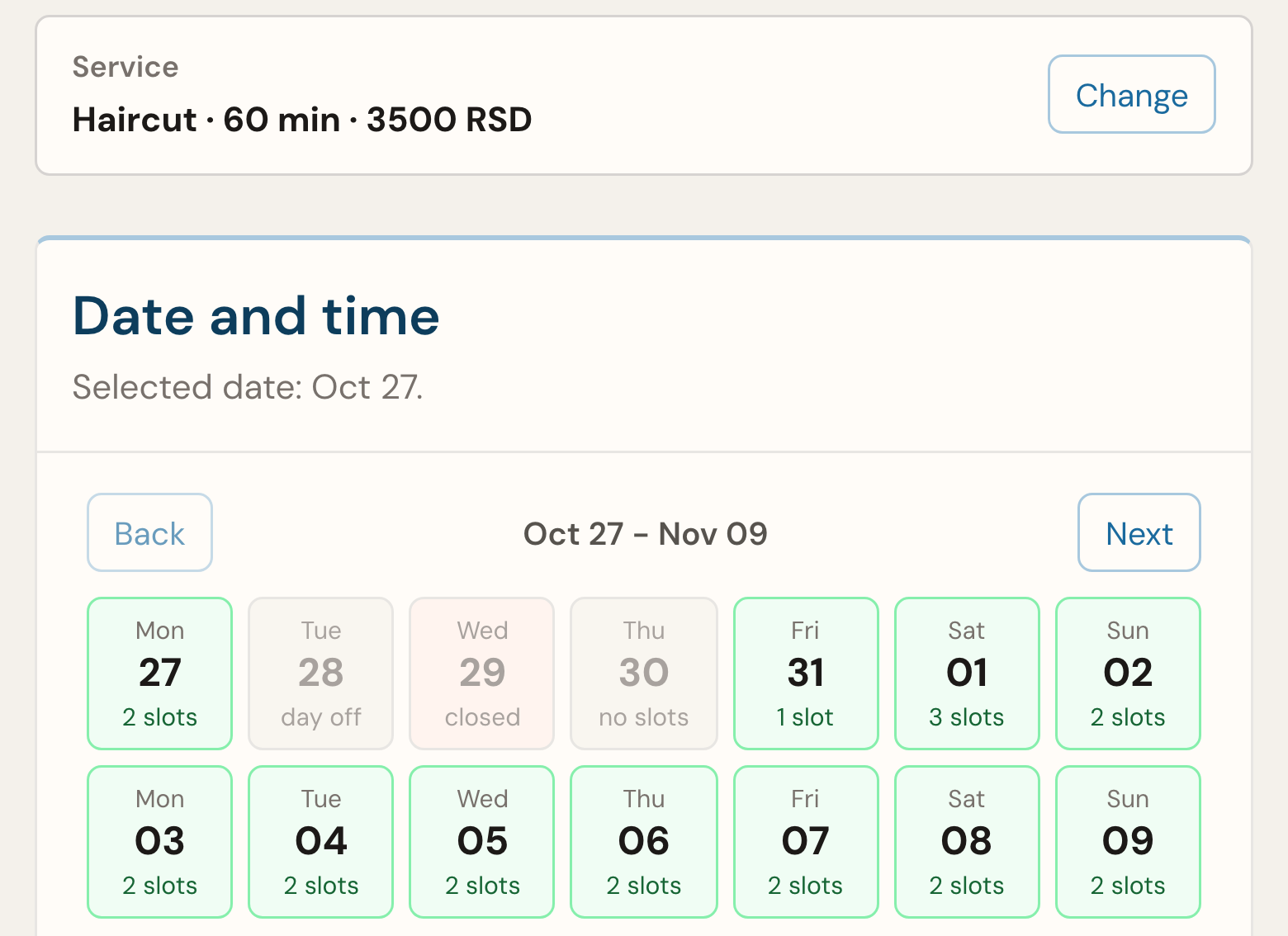 Client booking screen in Telegram: choosing a service, a Specialist and a time